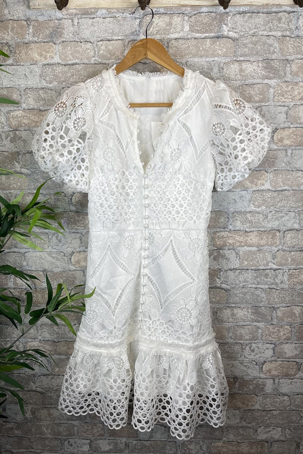 Crochet Lace Collar Button Down Flutter Sleeve Tiered Mini Dress