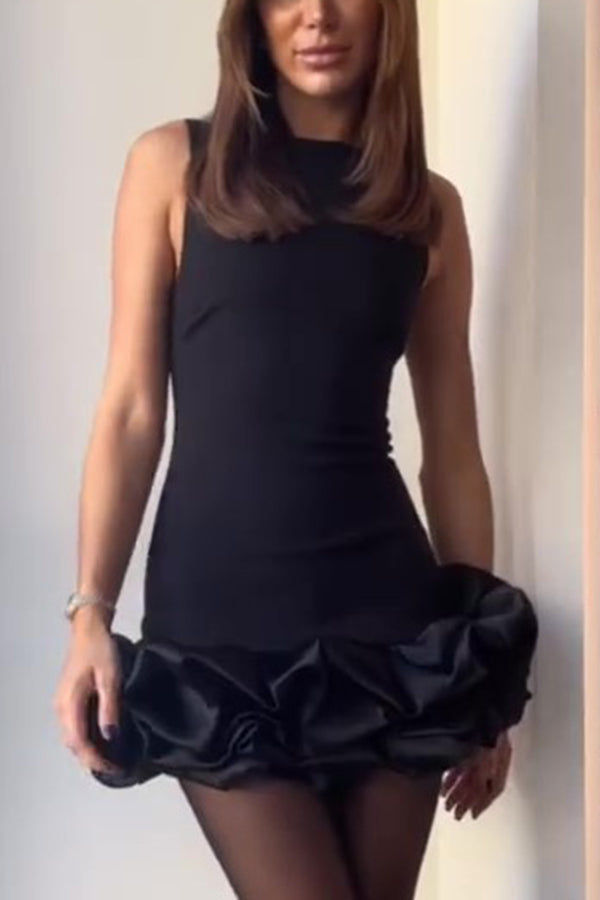 High Neck Sleeveless Sculpted Ruffle Bubble Hem Mini Dress