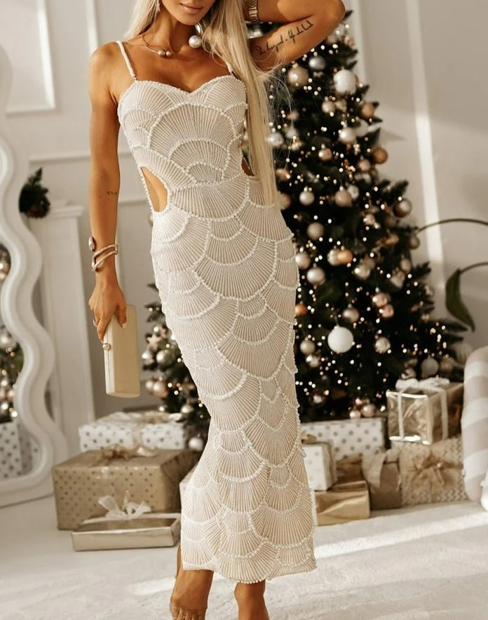 Beaded Scallop Pattern Waist Cutout Sweetheart Mermaid Maxi Gown