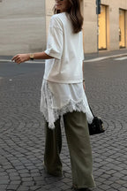 Stylish Round Neck Short-sleeved Patchwork Lace Hem Loose T-shirt