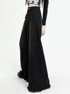 Versatile Black Raw Edge Wide Leg Boyfriend Jeans
