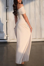 Off Shoulder Dropped Waist Accordion Pleated Maxi Dress