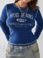 Vintage Letter Print Seam Detail Long Sleeve Tee