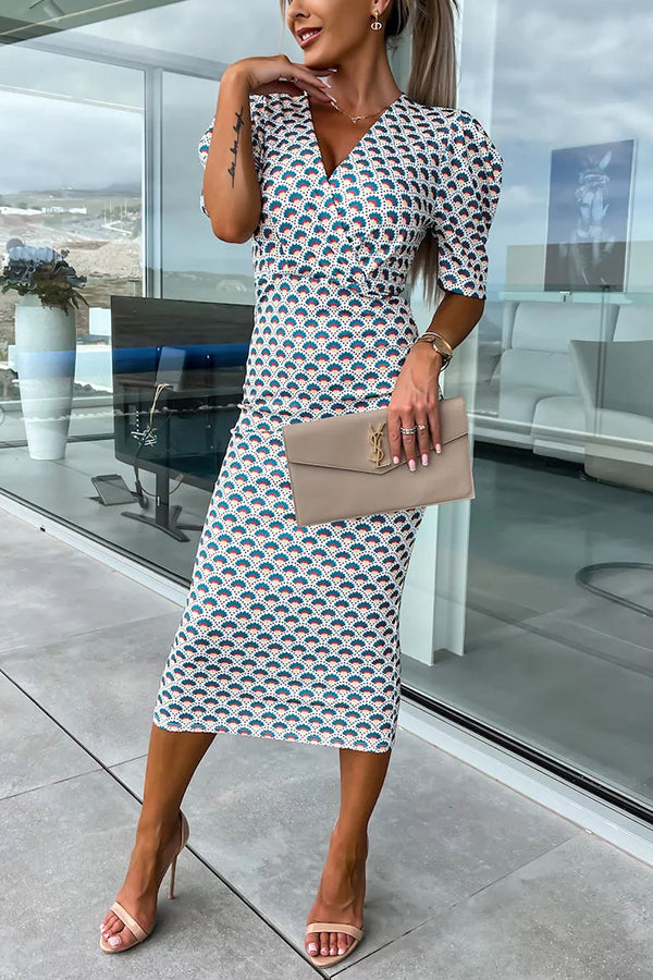 Printed Puff Sleeve Wrap V-Neck Bodycon Midi Dress