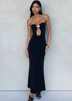 Strapless Metal Hardware Front Cut Out Bodycon Maxi Dress
