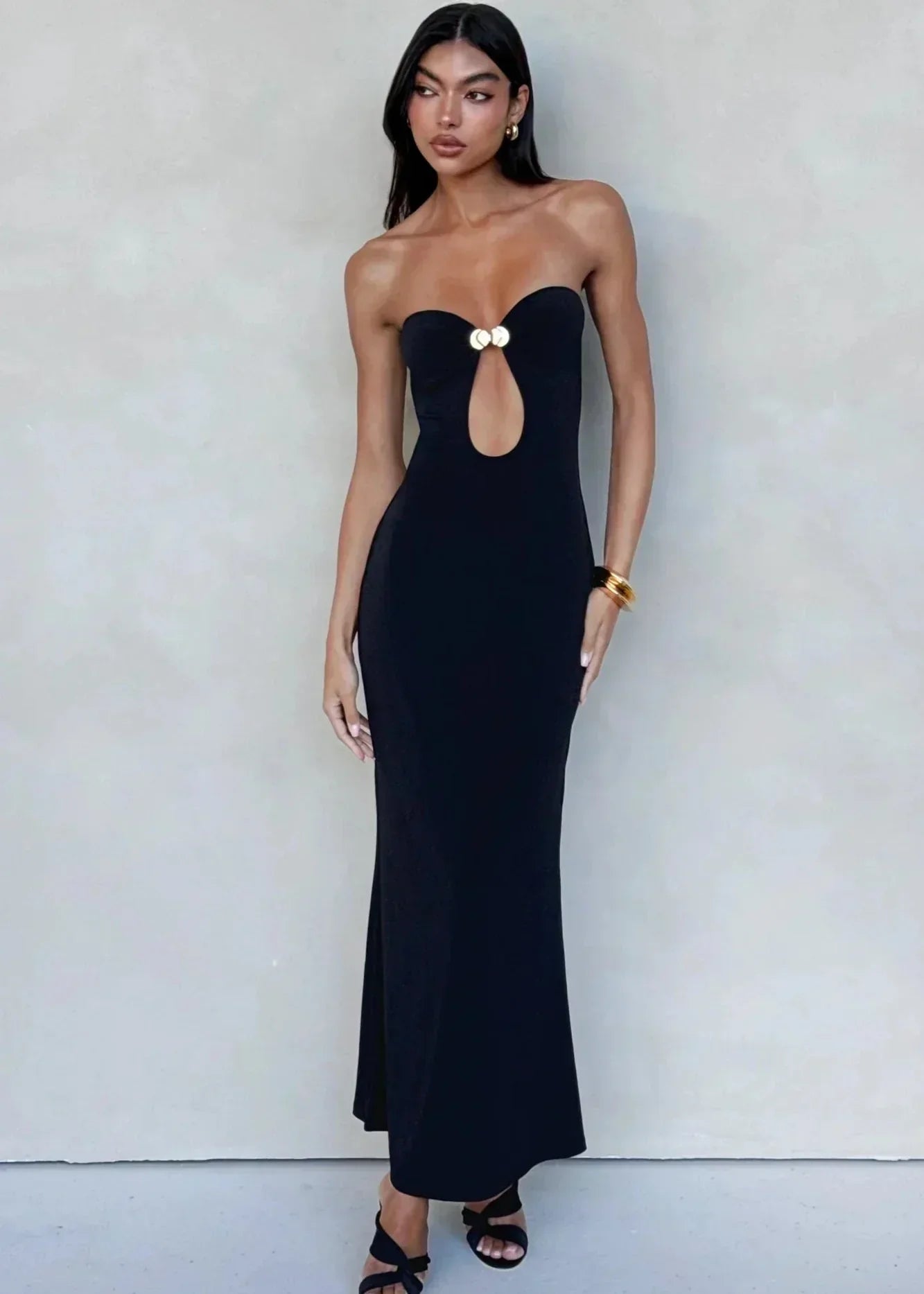 Strapless Metal Hardware Front Cut Out Bodycon Maxi Dress