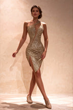 One Shoulder Glitter Diagonal Cutout Asymmetric Hem Mini Dress