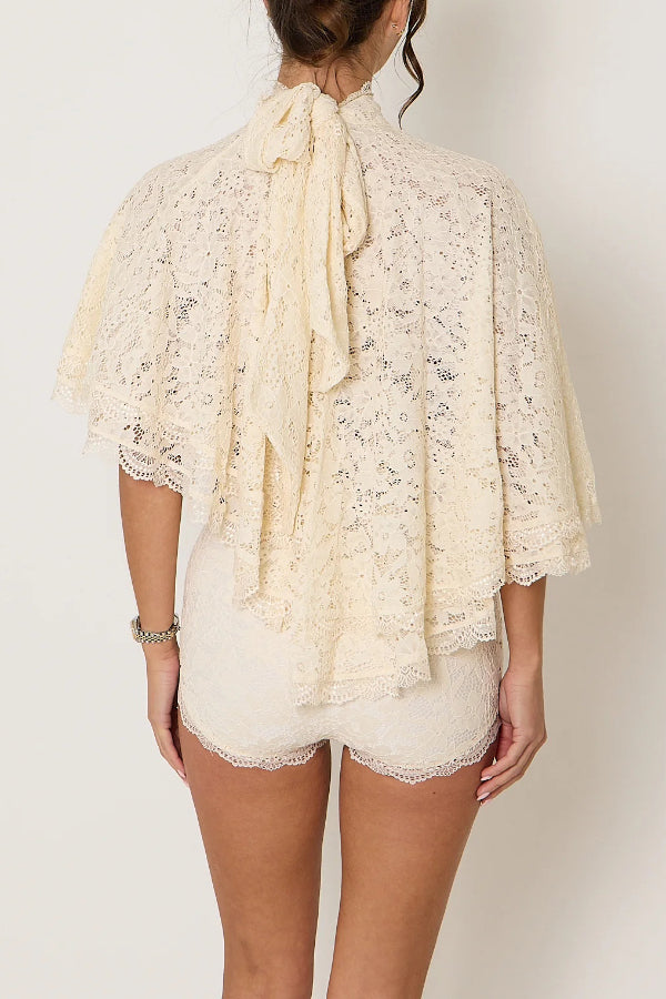 Stylish Openwork Lace Loose Top and Side Zipper Slim-fit Shorts Set