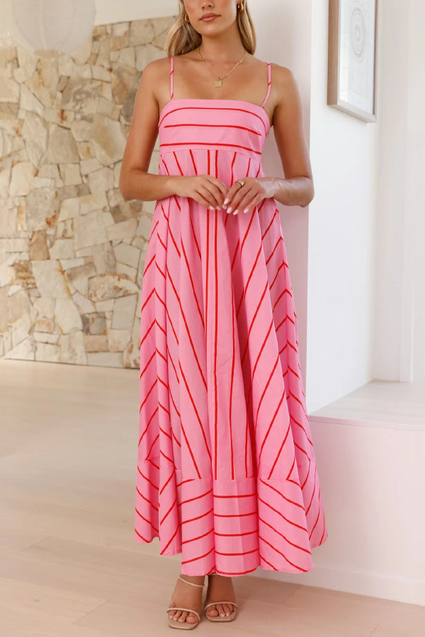 Striped Printed Spaghetti Strap Sleeveless Back Pleated Casual Maxi Dress