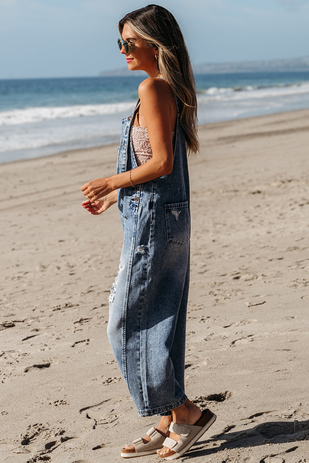 Blue Zone Planet | Stone Blue Distressed Bib Pocket Wide Leg Denim Overall