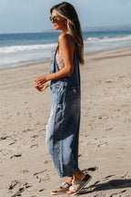 Blue Zone Planet | Stone Blue Distressed Bib Pocket Wide Leg Denim Overall