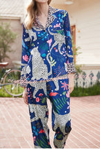 Blue Snow Leopard Printed Home Long Sleeve Two Piece Set