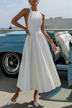 Solid Color Halter Neck Bow Tie Elegant Waist-cinching Midi Dress