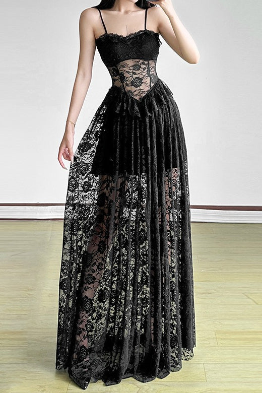 Corset Sweetheart Lace Peplum Waist Tiered Floral Maxi Dress