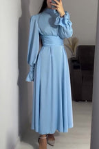 Mock Neck Bishop Sleeve Ruched Waist Satin Maxi Dress