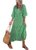 Puff Sleeve Tiered Geometric Print Boho Maxi Dress