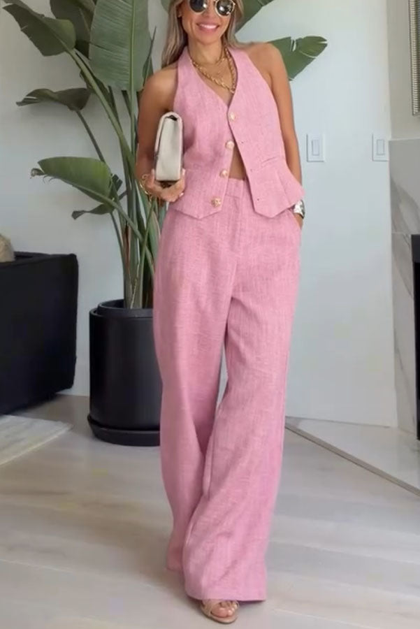 City Outfit Linen Blend Metal Button Halter Vest and Pocket Wide Leg Pants Set