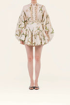Botanical Print Puff-Sleeve Blouse & Ruffled Skirt Set