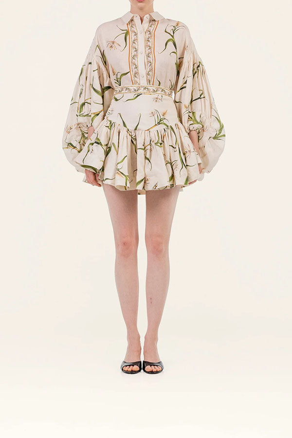 Botanical Print Puff-Sleeve Blouse & Ruffled Skirt Set