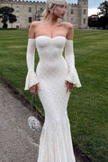 Strapless Lace Sweetheart Bell Sleeve Mermaid Maxi Gown
