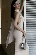 Rib Knit Halter Neck Backless Sash Drape Maxi Dress
