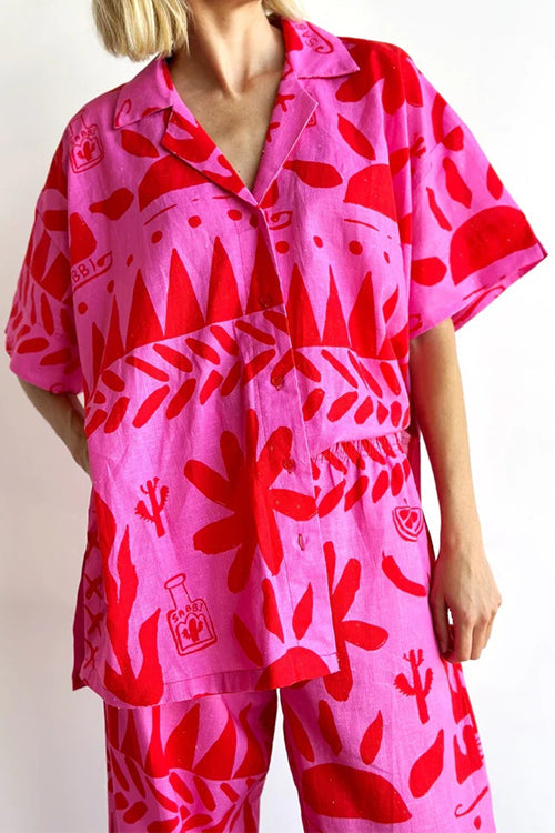 Unique Print Short Sleeves Blouse Shirt Elastic Waist Wide Leg Pants Set