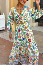 3/4 Sleeves Twist Front Floral Print Tiered Maxi Dress