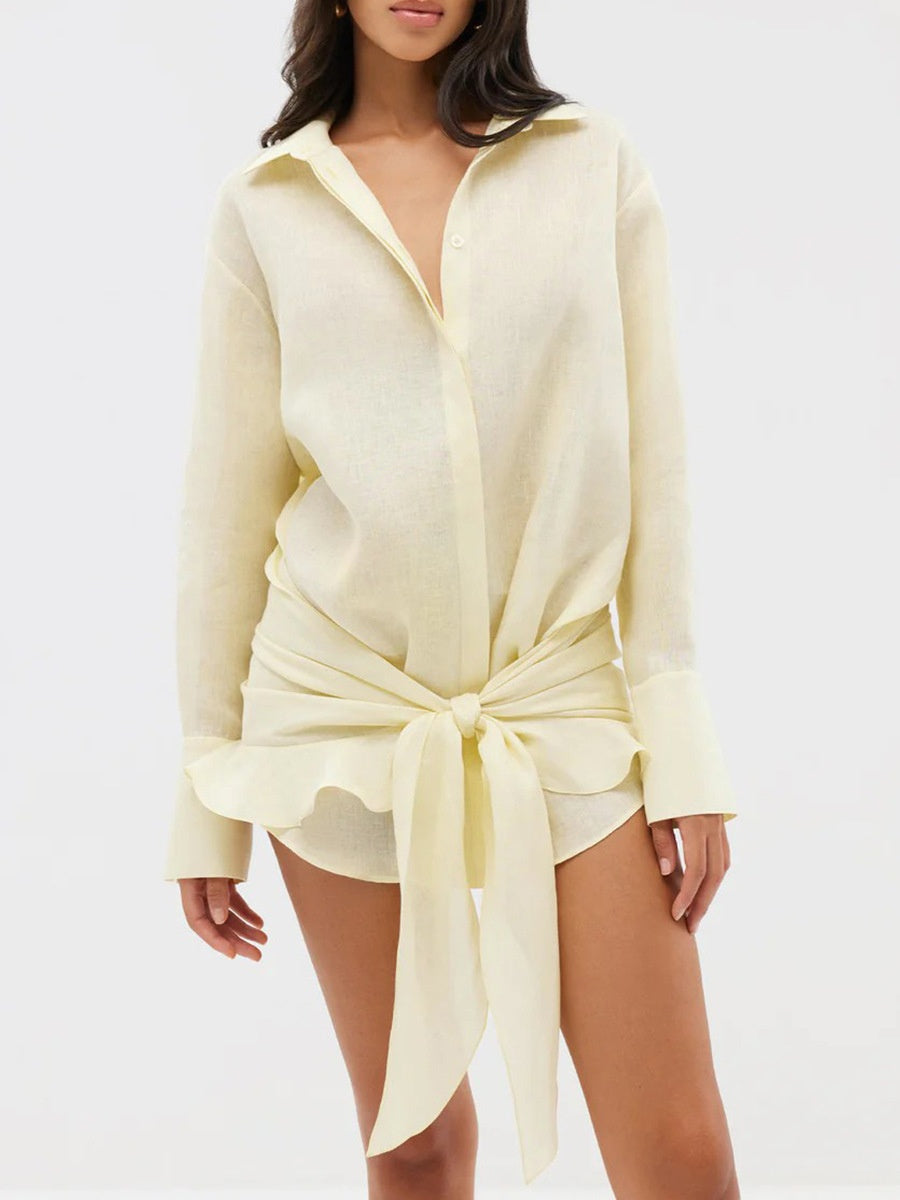 Pure Cotton Lapel Hip-hugging Shirts Mini&Short Dresses