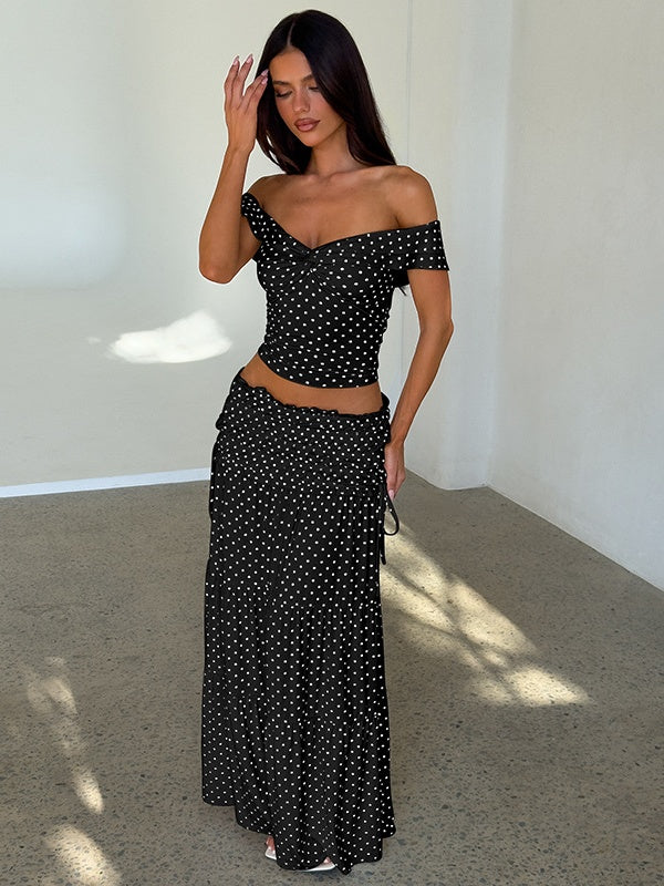 Two-piece Set: Raglan Strapless Top With Polka Dot Side Bow And Long Skirt