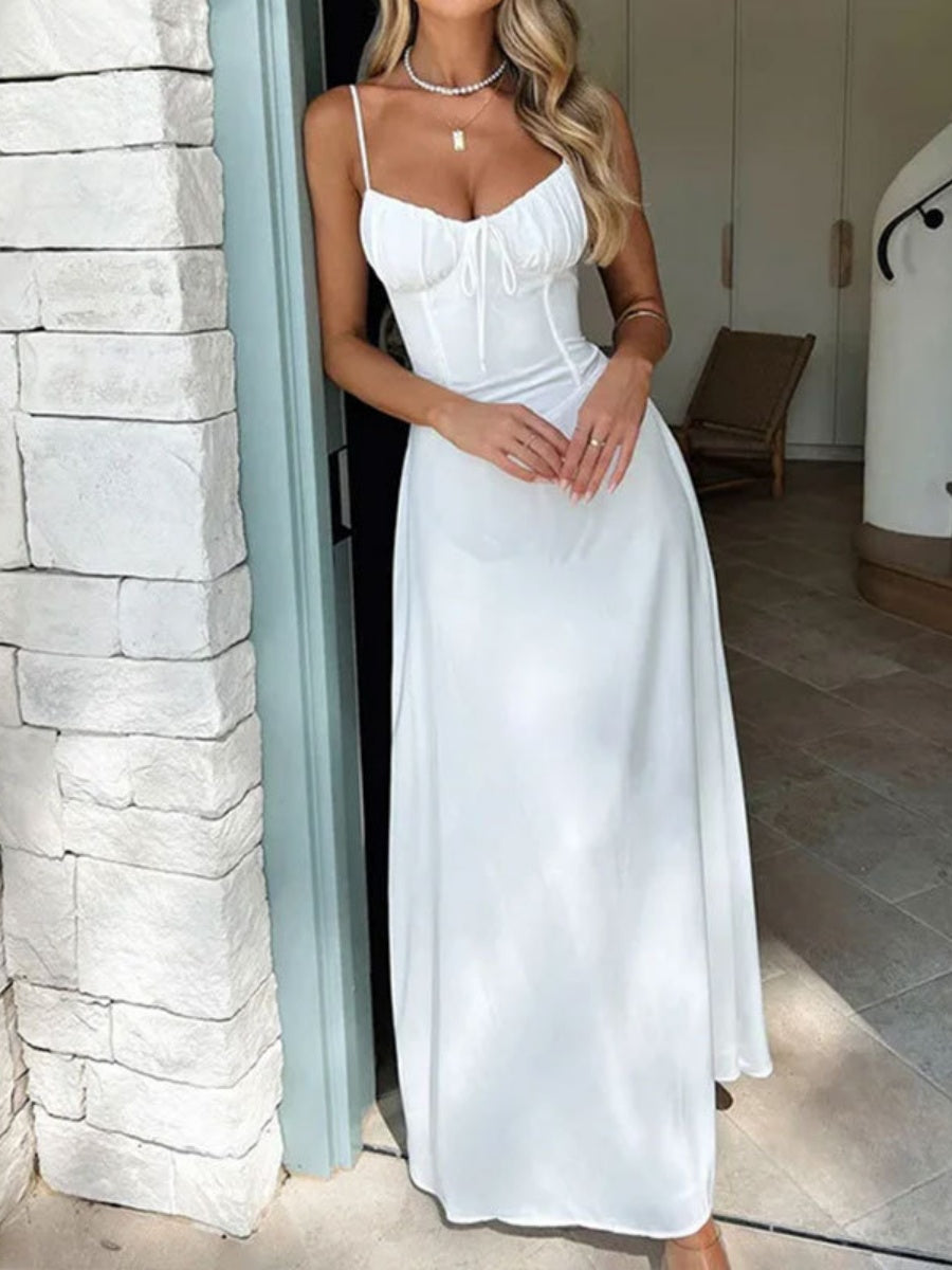 Solid Color Lace Up Waist Temperament Maxi Dresses