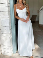 Solid Color Lace Up Waist Temperament Maxi Dresses