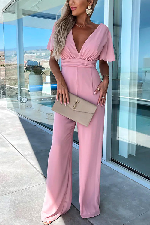 Deep V Neck Ruffle Sleeve High Waist Wide Leg Jumpsuit
