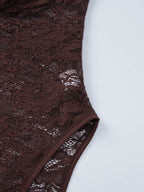 Two-piece Set: Patchwork Off-shoulder Backless Bodysuit With Sheer Lace Slit Maxi Skirt