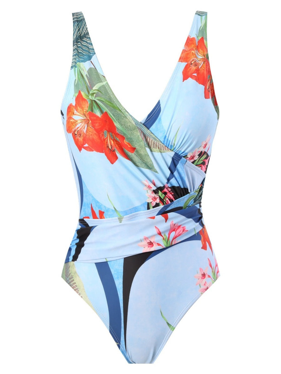 One-piece Swimsuit With Cross-over Print, Revealing Backpack And Hip-revealing Long Skirt (two-piece Set)