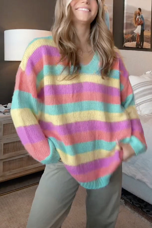 V Neck Rainbow Striped Casual Pullover Sweater