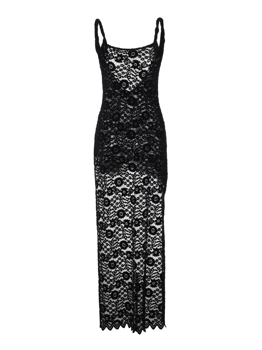 Lace See-through Backless High Slit Long Dress
