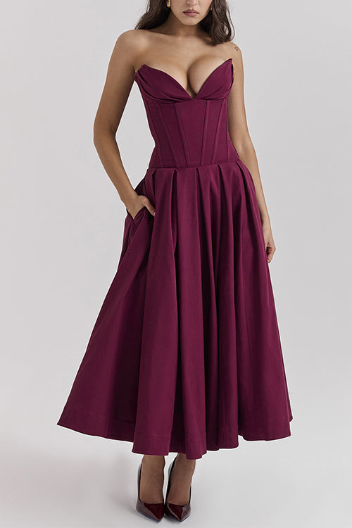 V Neck Strapless Corset Swing Maxi Dress