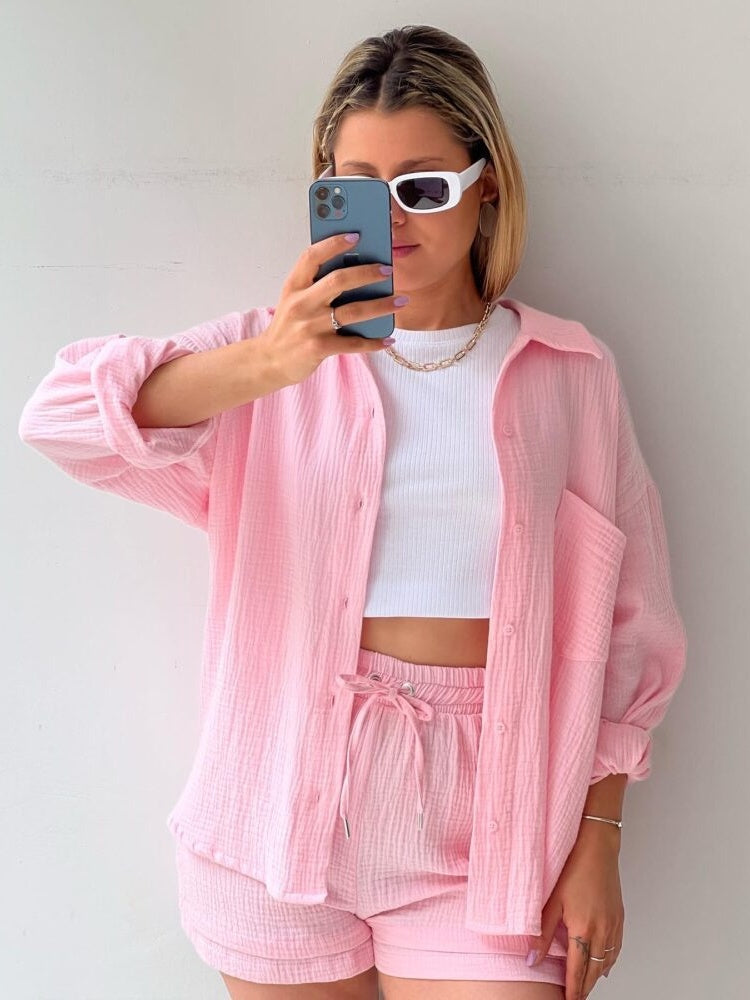 Long-sleeved Shirt And High-waisted Drawstring Shorts Casual Two-piece Set