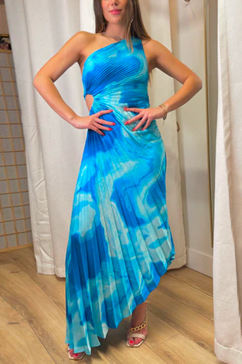 Printed One Shoulder Cut Out Pleated Maxi Dress