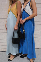 V Neck Color Block Sleeveless Maxi Swing Dress