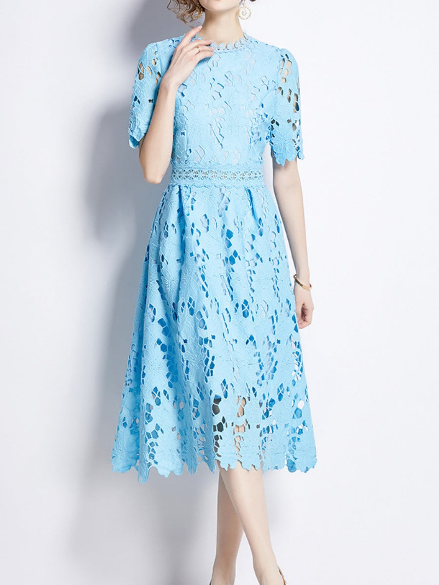 Water-soluble Lace Short-sleeved Slim-fit Midi Dress