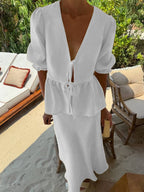 Pure Cotton Loose-fit V-neck Strappy Top Midi Skirt Set 2-piece Sets