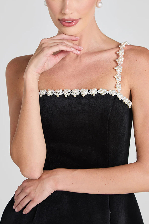 Velvet Square Neck Pearl Strap Pearl Scalloped Trim Mini Dress