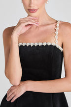 Velvet Square Neck Pearl Strap Pearl Scalloped Trim Mini Dress