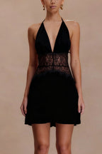 Halter Neck Deep V-Neck Lace Panel Satin Mini Dress