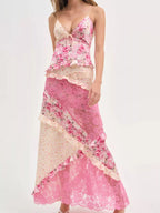 Lace Detail Ruffled Floral V-Neck Maxi Dress