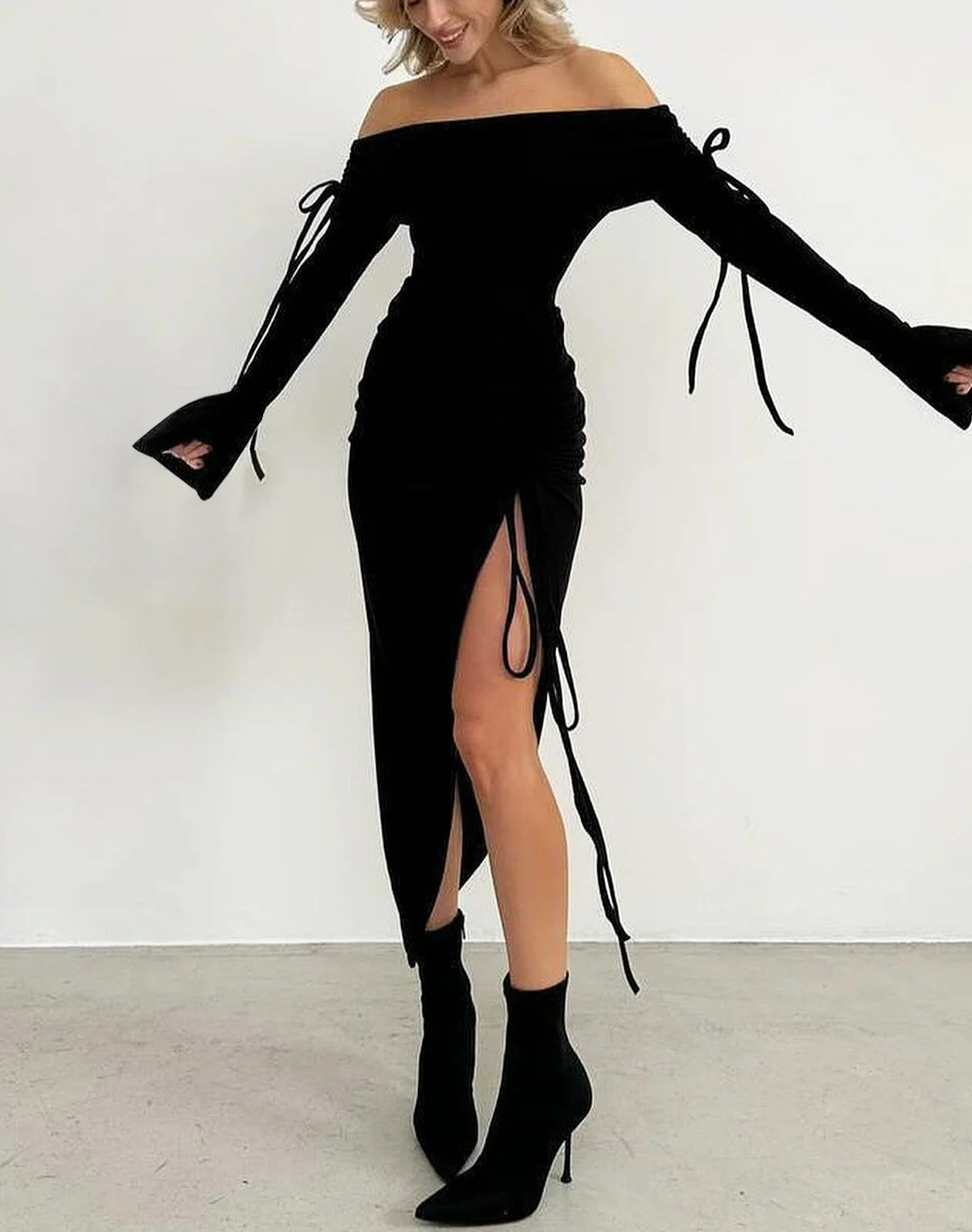 Off Shoulder Long Sleeve Tie Detail Ruched High Slit Bodycon Midi Dress