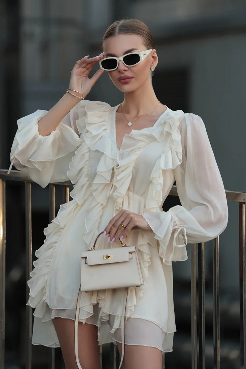 Chiffon Deep V-Neck Tie Front Long Sleeve Tiered Ruffle Mini Dress