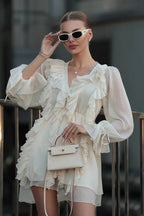 Chiffon Deep V-Neck Tie Front Long Sleeve Tiered Ruffle Mini Dress