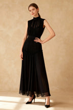 Sleeveless Mock Neck Pleated Waistband Chiffon Maxi Dress